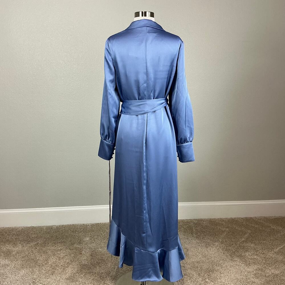 Mac Duggal 12506 Blue Wrap Cocktail Dress Satin Long Sleeve High Low Hem Size 8 - Picture 7 of 12